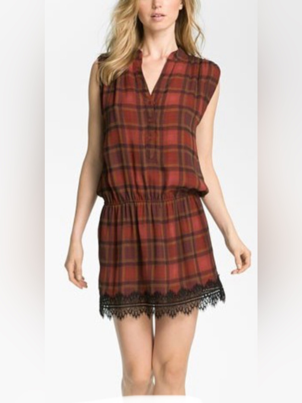 Haute Hippie 'Country Roads' red & black plaid silk lace hem trim mini dress